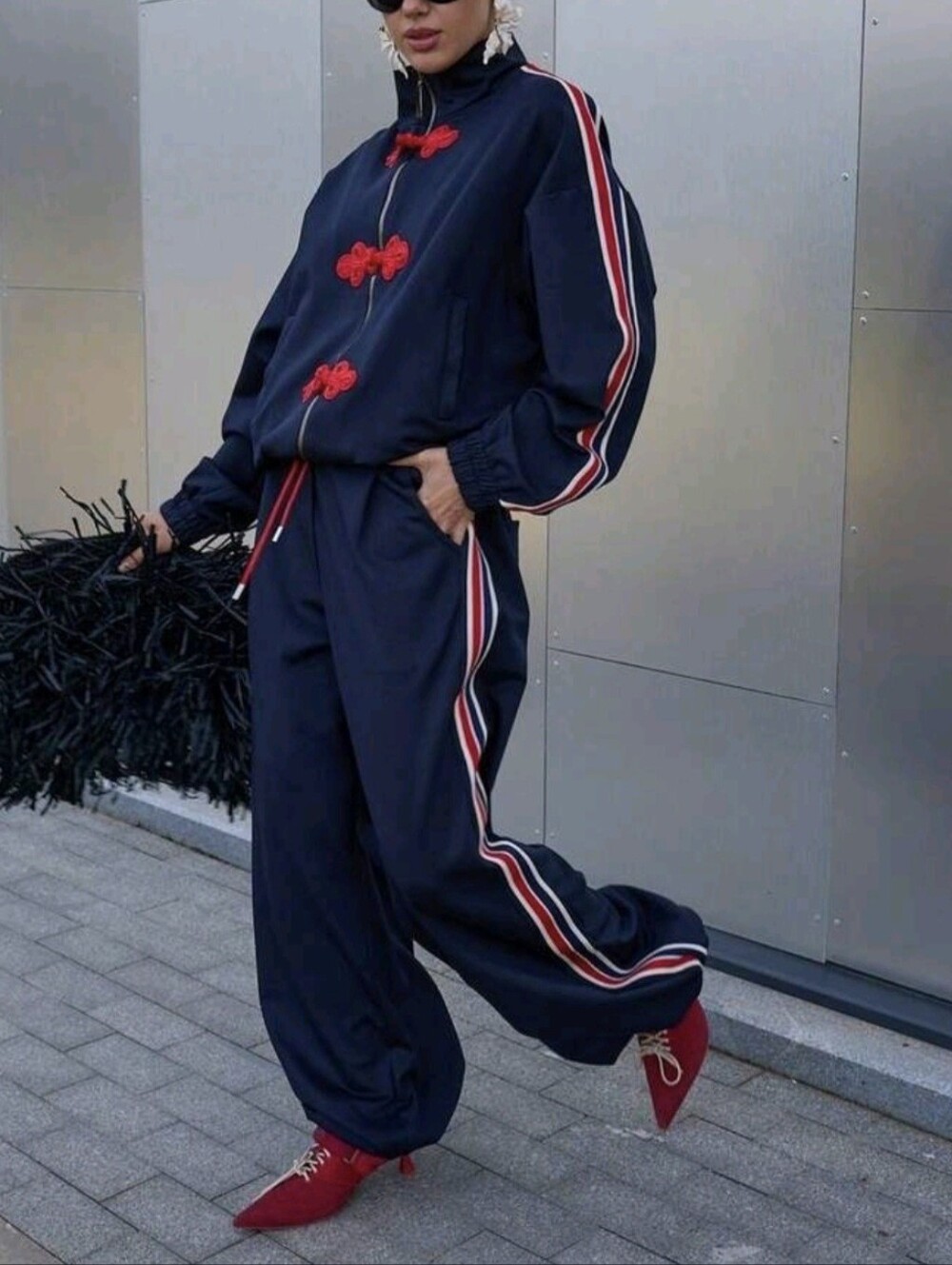 Two Piece Set.Red Bow Detail Tracksuit.Sporty Chic Matching Outfit.Casual Loose